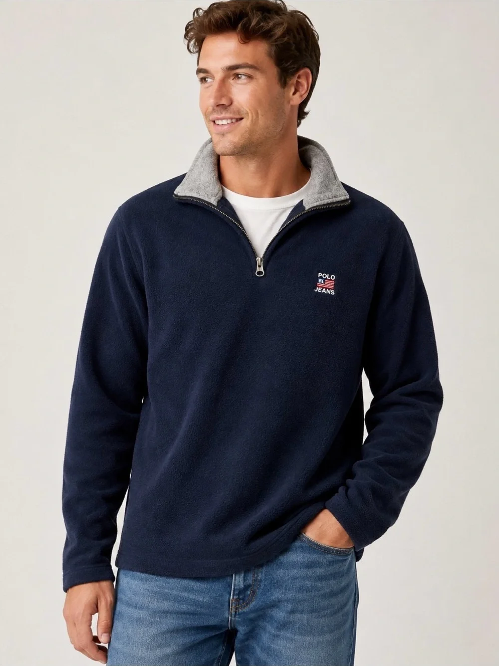 Polo Jeans Co Ralph Lauren Fleece Quarter Zip Pullover Navy Blue Small Vintage